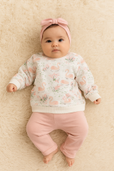 Kız Bebek Kuğu Desenli 2 İplik Alt & Üst Takım
